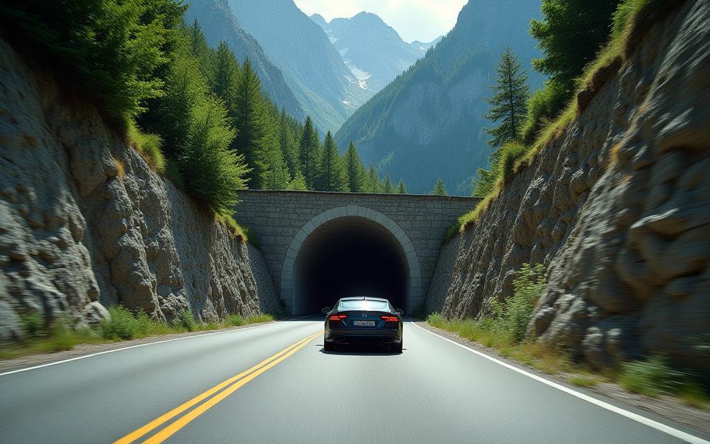 Car entering Swiss mountain tunnel