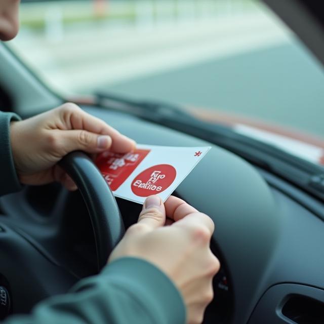 Driver affixing Swiss vignette to windshield